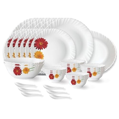 Larah by Borosil Zinnia Fluted Series Opalware Dinner Set | 33 Pieces 