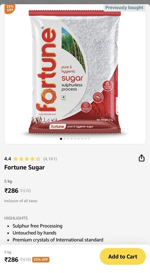 Fortune sugar 5kg at ₹286 on Amazon Now
