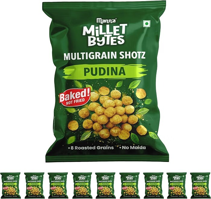 Manna Multigrain Snacks, Pack of 10, Pudina. Baked, No Palm Oil, No Maida Millet Bytes Multigrain Shotz 