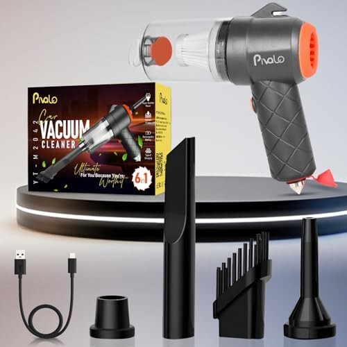 Pivalo 6-in-1 Vacuum Cleaner with Filter 4 Nozzles USB Cable Hammer Seat Belt Cutter Power Suction Rechargeable Battery Mini Car Air Blower for Dry Cleaning Car Home Office Traveling (1Pc, Black)