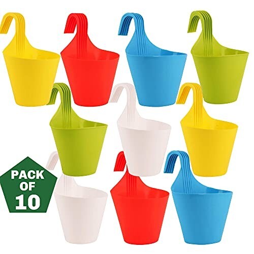 Ocean Mart Plastic Hanging Planters - 10 Pcs (8 Inch, Multicolor) | Flower Hanging Pots for Home & Balcony Garden | Hanging Planters for Home Plants | Hooked Hanging Pots