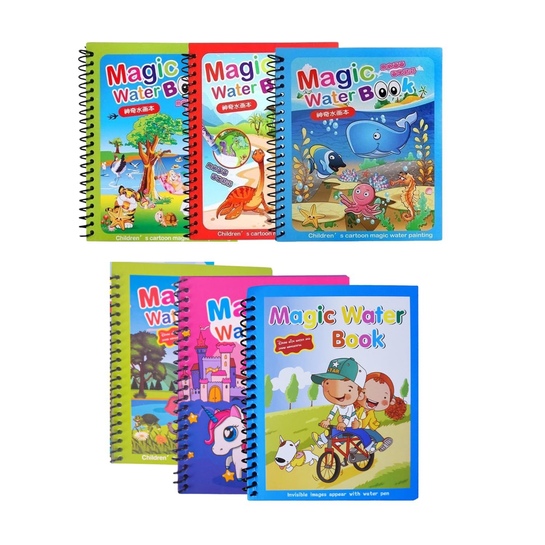 Sakuya Magic Water Coloring Book Pack of 6 | Mess Free | Reusable | Magical Pen | Kids Gift