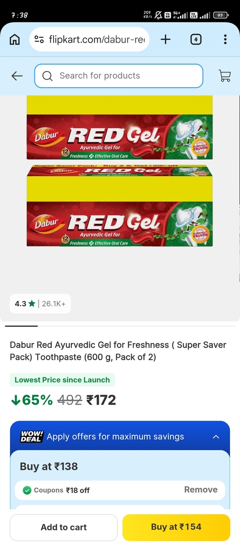 Flipkart : 600 gm dabur toothpaste at 154