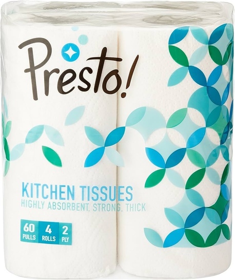 Presto 2 Ply Kitchen Tissue Paper Roll Pack of 4 | 240 Pulls | 60 Towels | Soft Absorbent