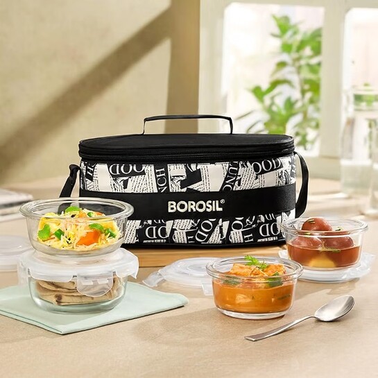 Borosil Nostalgia Universal Borosilicate Glass Lunchbox | 4 pc Round Container Set (320ml x 2 + 240ml x 2)