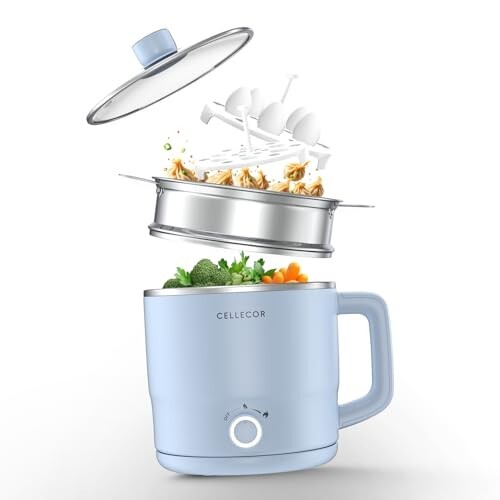 Cellecor Stainless Steel Multi-Cook Kettle CMK18 Home Chef With Steamer, Egg Tray, Rust Free Body, 600W Powerful Output, Multi Cook Electric Kettle (1.8 L, Light Blue)