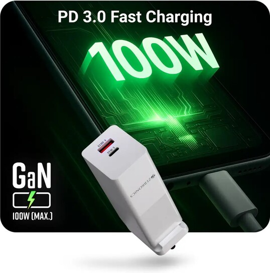 ZEBRONICS 100 W GaN 2.4 A Dual Port Mobile Charger with Detachabl...more