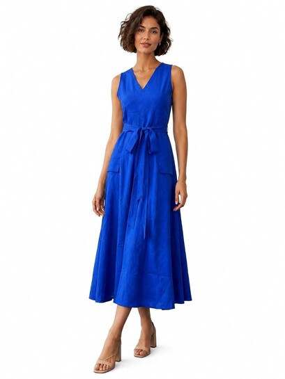 PURVAJA Women's Fit & Flared Midi Length Sleeveless V-Neck Solid Dress
