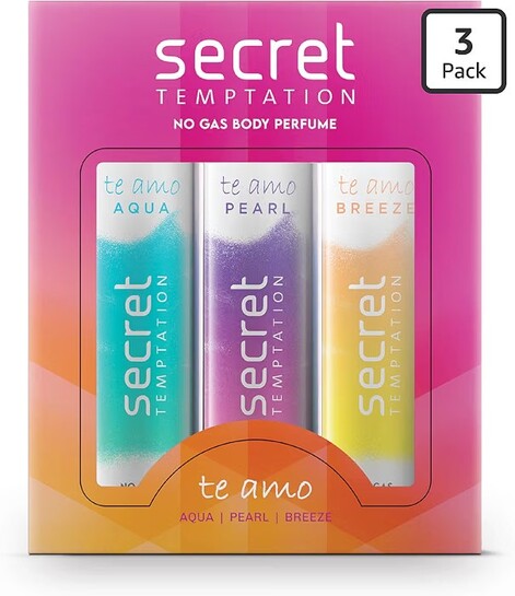 Secret Temptation Te Amo Aqua, Breeze and Pearl No Gas Deodorant Perfume Body Spray for Women, Pack of 3 (120ml each)