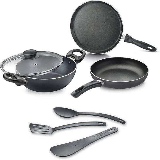 Judge by Prestige ACE Aluminium Non-Stick cookware BYK Set-Tawa 25cm-1U, Fry Pan 20cm-1U, Kadai 20cm-1U with Lid-1U + 3U Nylon Tools