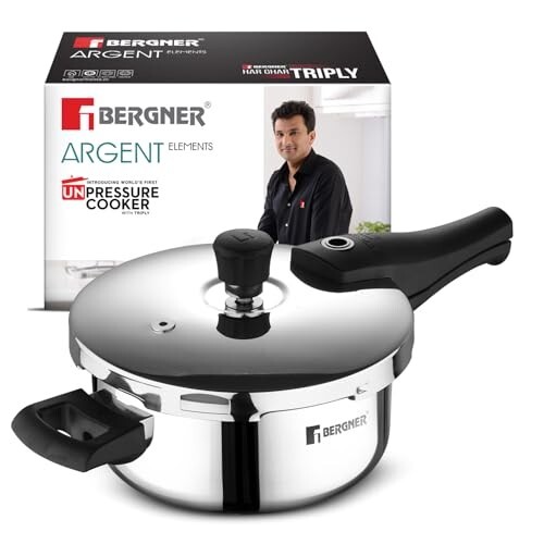 Bergner Argent Elements Triply Stainless Steel 3.5 L Outer Lid Pressure Pan, Healthy Cooking, Even Heat Distribution, Sturdy Handle, Easy Lock System, Safety Gasket - Induction and Gas Stove Ready