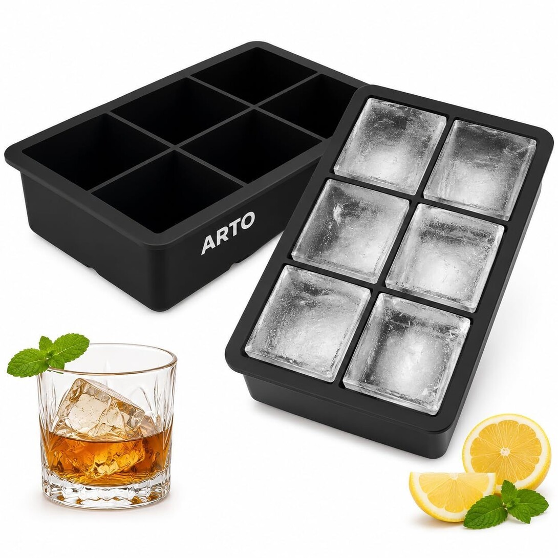 Silicone Large Ice Cube Tray, 6 Square Cavities, BPA Free Food Grade Flexible Mould, Slow Melting Big Ice Blocks for Cocktails, Cold Coffee & Cold Drinks, Easy Release, Reusable, Dishwasher Safe