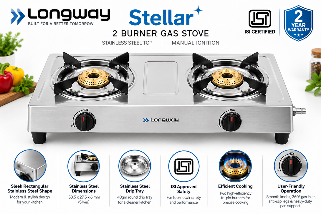 Longway Stellar Stainless Steel Top, 2 Burner Manual Ignition Stainless Steel Gas Stove (Silver, ISI Certified, 2 Year Warranty)