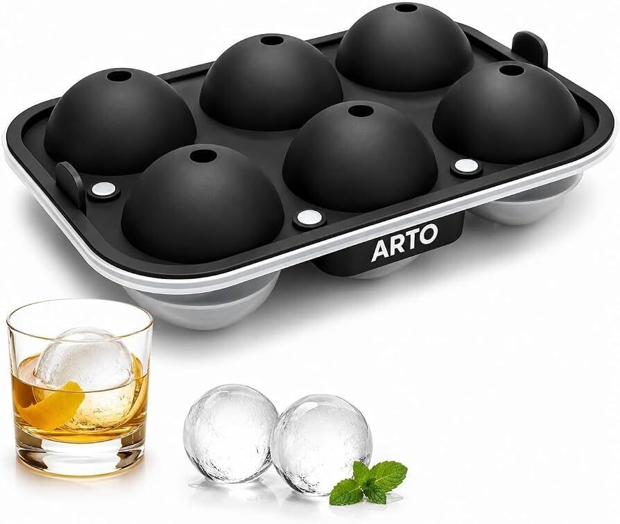 Ice Ball Maker Mould, 6 Cavity Silicone Round Ice Sphere Tray with Snap-Fit Lid, BPA Free Food Grade, Slow Melting Ice Balls for Whiskey, Scotch & Cold Coffee, Easy Release Home Bar Ice Mould