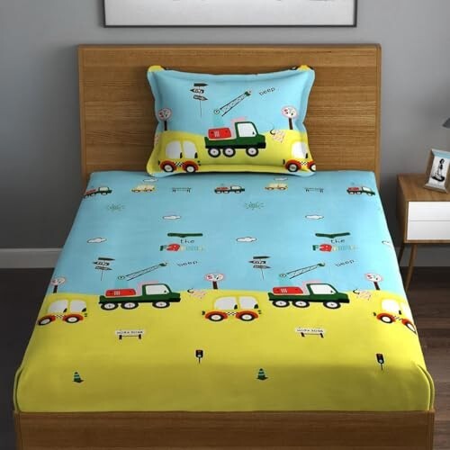 PrettyKrafts Cotton Car & Truck Kids Single Bedsheet (60 × 90 inch)