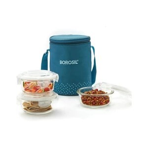 BOROSIL Teal Lunch Box with Bag, 3 Pc (400 ml x 3 Round), Glass Office Tiifin 3 Containers Glass Office Lunch Box (1200 ml, Microwave Safe)