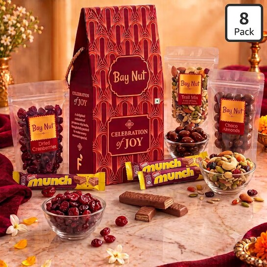 Bay Nut diwali Gift Hamper with cranberries, chocoalmond,trail mix 100gm each and 3 choclates 
