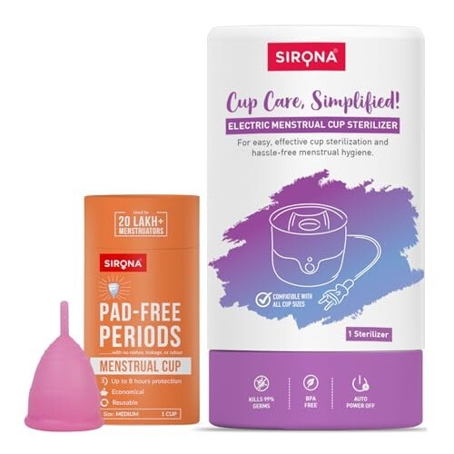 Sirona Reusable Menstrual Cup for Women (Medium) with Electric Steam Sterilizer - Pack of 2 