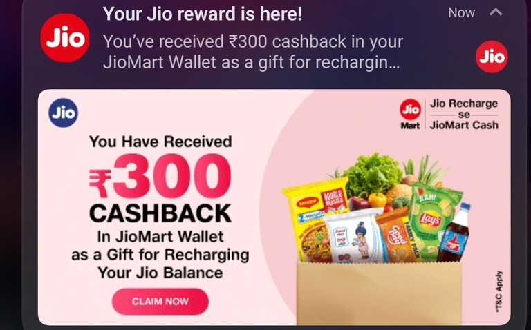 Jiomart sending link to Claim Rs300 promo cash (10% can be utilised on orders)