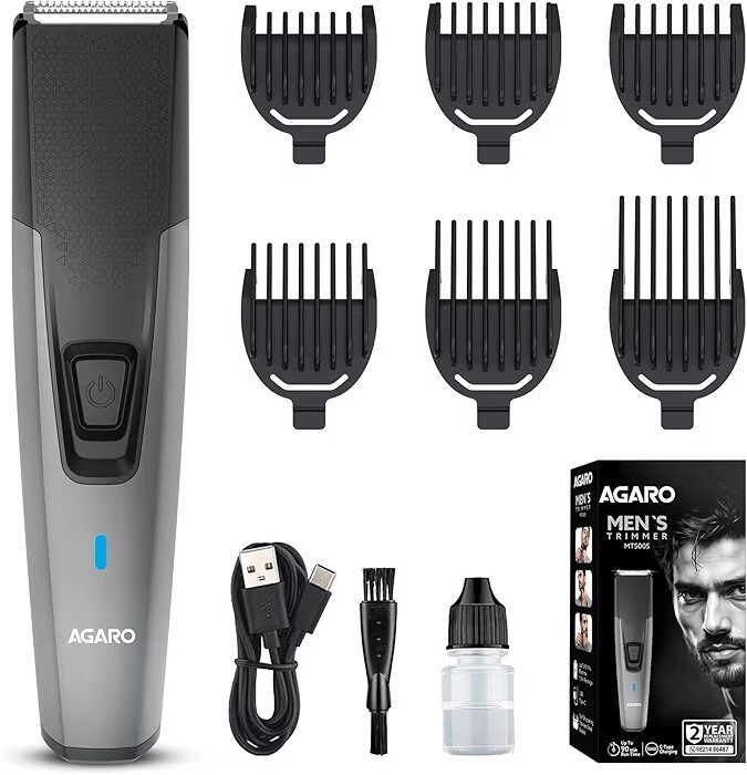 AGARO Beard Trimmer MT5005, 90 mins run time with Type C, 6 comb attachments, Self sharpening blades | Trimmer for Men