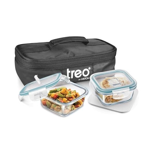 Treo By Milton All Weather Borosilicate Glass Square Set of 2,320 ml Each,Tiffin,Water Proof Carry Jacket,Microwave & Oven Safe,Leak Proof,Air Vent Lid,Scratch Resistant,Ideal for Office,School,Black