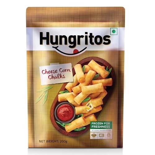 Hungritos Cheese Corn Chalks | Fry, Bake or Air Fry | Cheese, Corn & Carrot Filling | Zip Lock Seal Pack | Frozen Veg Snack | Ready-to-Cook | 200g