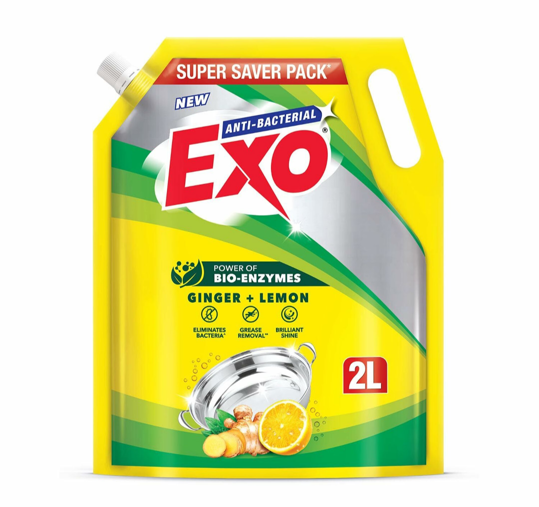 Exo Yellow Dishwash Liquid 2 L Pouch Ginger & Lemon Tough Grease Removal for Utensils Anti-Bacterial Dishwashing Liquid 