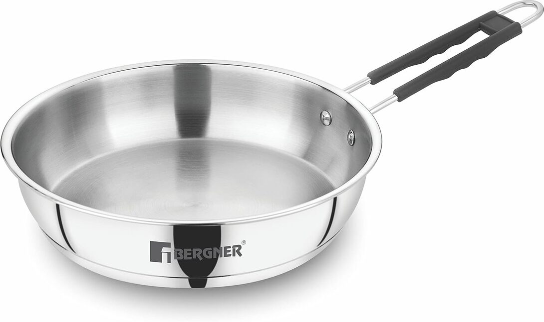 BERGNER Eternity Stainless Steel Frypan with Triply Bottom, Induction Base and Silicone Grip Handle, 7 Year Warranty, 22 cm, Silver 