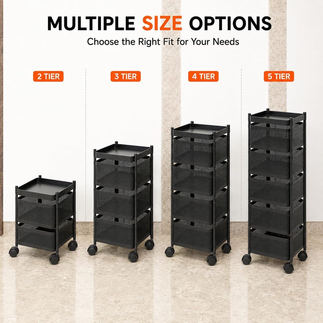 Homeor 3 Layer Kitchen Trolley with Wheels | 360° Rotating Metal Storage Rack for Vegetables, Fruits, Onion & Spices | Square Multipurpose Kitchen Organizer Stand | Metal Kitchen Trolley, Matte Black 