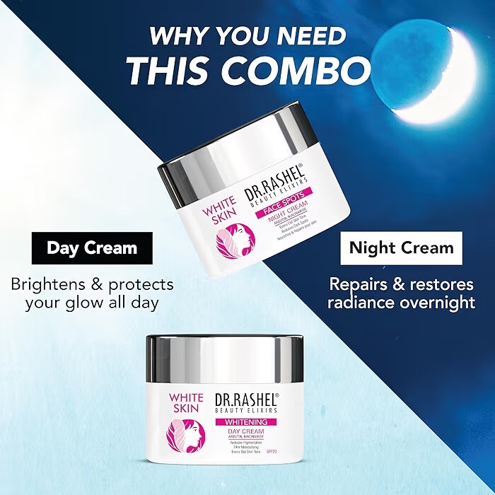 DR.RASHEL White Skin Complete Day & Night Skincare Combo | Dark Spot Removal, Brightening & Rejuvenation | All Skin Types | For Men & Women | 50g x 2