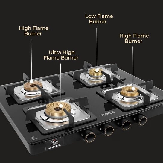 Tower Gas Stove 4 Burner Glass Brass Valves Lpg Black | 8mm toughened glass with brass valves