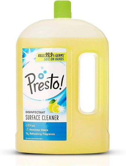Amazon Brand - Presto! Disinfectant Surface & Floor Cleaner Liquid | Citrus | 2 Litre | 1 Can | Kills 99.9% Germs | Removes Stains | Safe on Hands