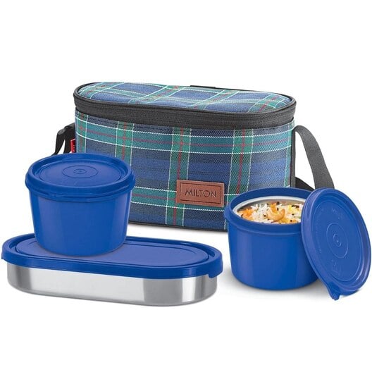 MILTON Decker Lunch Box with Insulated Fabric Jacket, 2 Inner Stainless Steel Containers 450 ml Each & 1 Oval Stainless Steel 450 ml, Microwave Safe, Leak-Proof Tiffin for Office, Easy to Carry, Blue