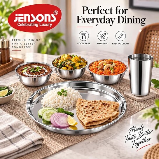 Jensons Stainless Steel Dinner Set 5 Pcs | 1 Dinner Plate, 3 Bowls & 1 Tumbler | Premium Thali Set