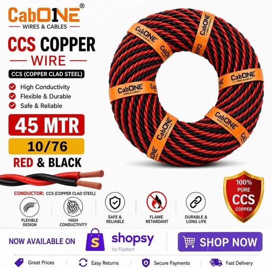 CabONE 10/76 Lite FR Flexible PVC 2 Core Electric Wire For Home & Industry 0.25 sq/mm Black 150 ft. Wire
