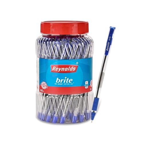 Reynolds BRITE 60 CT JAR BLUE I Lightweight Ball Pen With Comfortable Grip for Extra Smooth Writing I School and Office Stationery | 0.7mm Tip Size | Pen for BTS