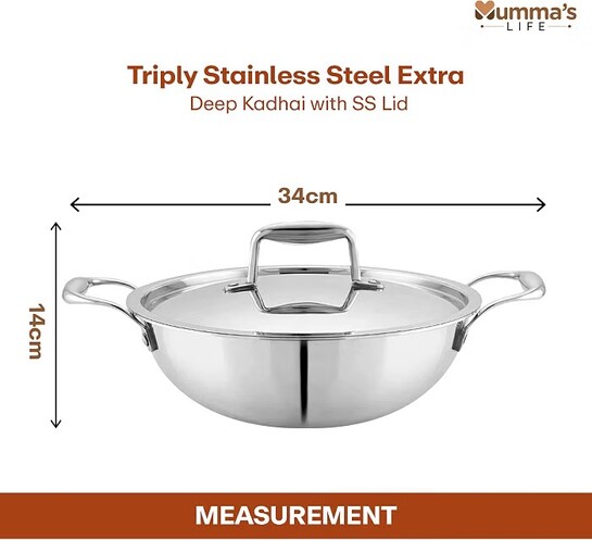 Mumma's LIFE Tri-Ply Stainless Steel Induction Compatible Extra Deep Kadai with Stainless Steel Lid, 26cm, 4.1 Liter, (Silver)