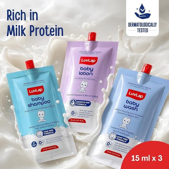 LuvLap Baby Wash, Baby Shampoo, Baby Lotion Combo 15ml each @9 & Everteen Skinthin Ultra Thin Sanitary Pad - XL  XL, 2 Pcs@9