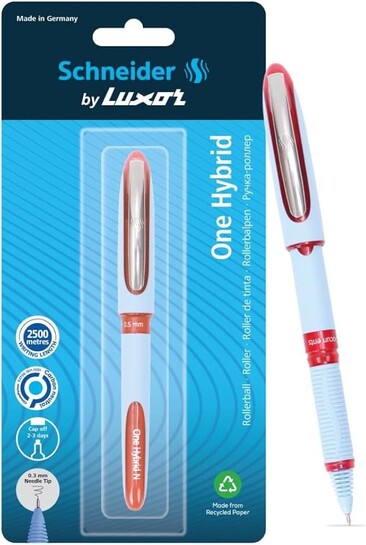 Luxor Schneider, One Hybrid Roller Ball Pen - Red, 0.3 mm, 2500 mtrs writing length, Waterproof Ink, Consistent ink flow, Ideal for Professionals & Office essential