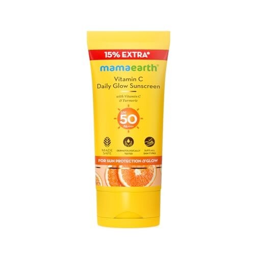 Mamaearth Vitamin C Daily Glow Sunscreen with Vitamin C & Turmeric | For Sun Protection, Tan Protection & Glow | SPF 50 & PA++++ Protection | No White Cast | Lightweight & Non-Sticky 