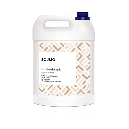 Amazon Brand - Solimo Liquid Handwash, Refill Can | Honey & Almond | 5 Litre | Fights Germs | Ph-Balanced Formula | No Added Triclosan & Parabens