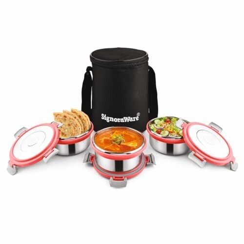 Signoraware Meal Mate Stainless Steel Big Lunch Box with Bag (450mlx3, Red)