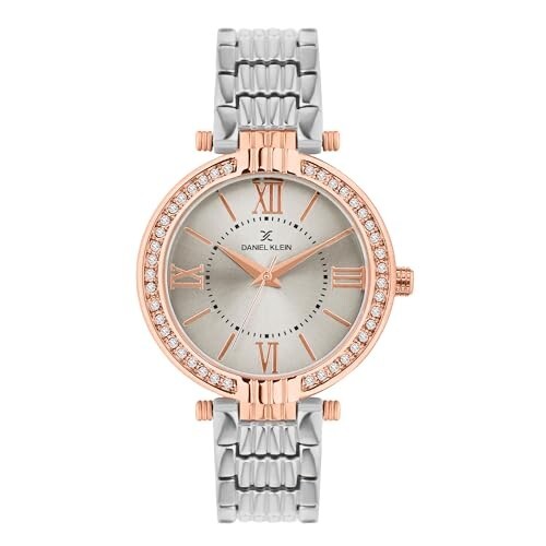 Daniel Klein Analog Silver Round Dial Silver Metal Strap Stone-Studded Water-Resistant Wrist Watch for Women Girls, Ladies DK11138-8