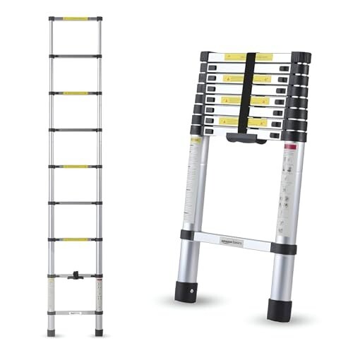 Amazon Basics 2.6m (8.5 feet) Portable & Compact Aluminum Telescopic Ladder | 2-Year Warranty | EN131 Complied 9-Steps Foldable Multipurpose Step Ladder for Home & Outdoor use