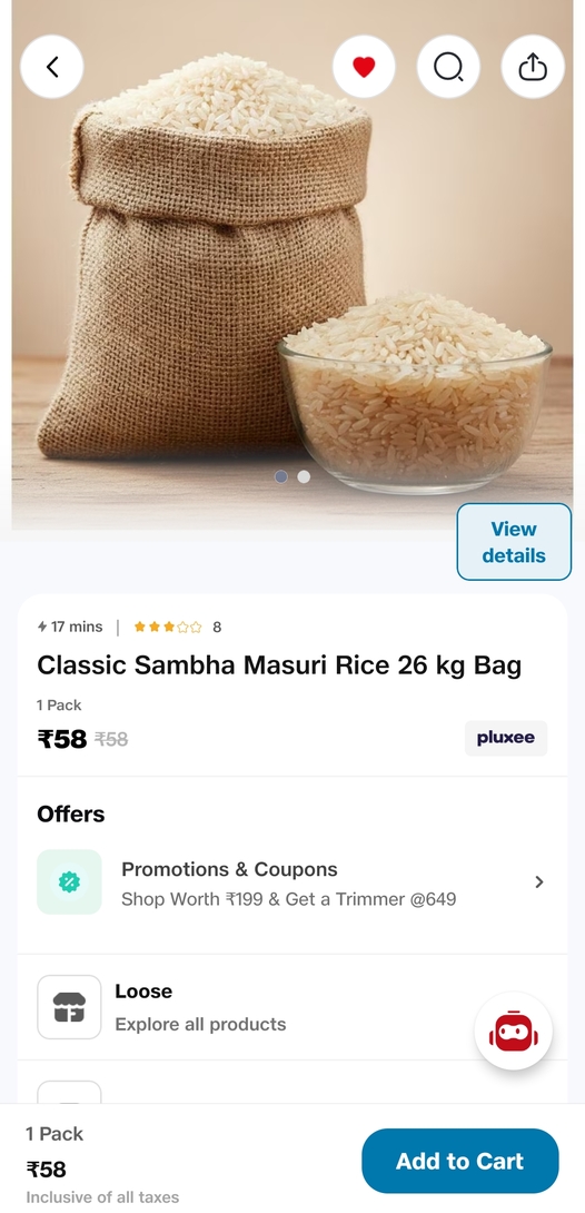 [PRICE ERROR] Classic Sambha Masuri Rice 26 Kg Bag at 56rs 
