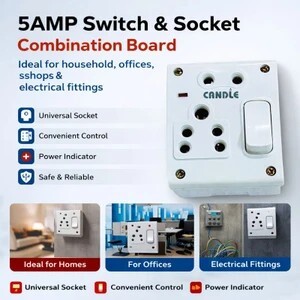 CANDLE Unbreakable(Pack of 1)5amp. 1 switch+2 outlets+Indicator Combined Box 5 A One Way Electrical Switch
