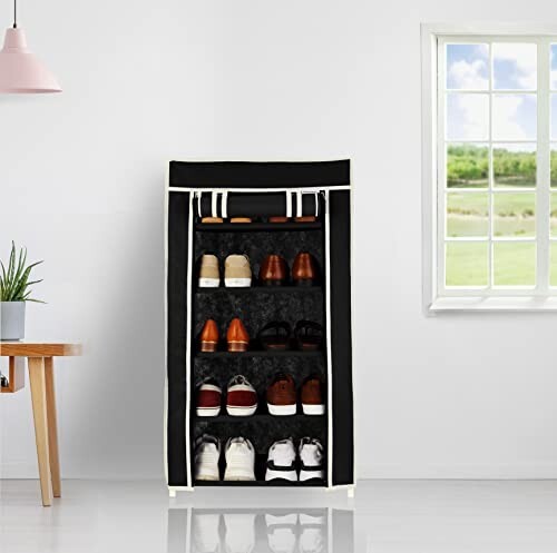 Amazon Brand - Solimo Foldable Shoe Rack, 5 Layer, Black, Premium, Alloy Steel, Plastic