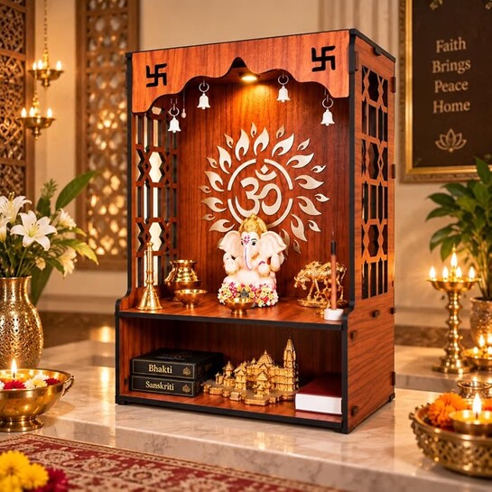 Anchara Wooden Temple for Home | Handcrafted Pooja Mandir | Wall Mounted Mandir for Pooja Room |  (H- 15.5, L- 11.5, W-11 Inch)