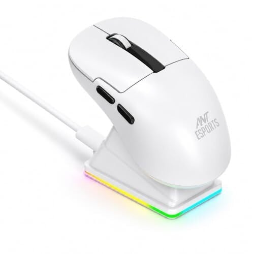 Ant Esports GM810 PRO V2 Wireless Optical Gaming Mouse, 2.4G + Bluetooth, 3600 DPI, 400mAh Rechargeable Battery, 72H Working Time, 125Hz Polling, RGB Charging Dock_ White