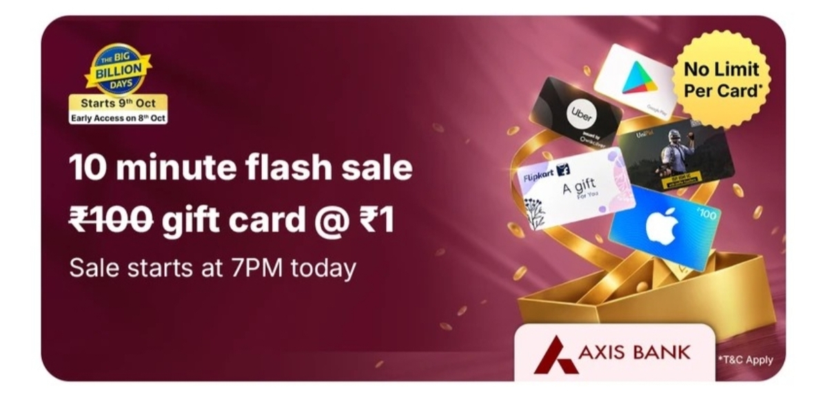 Flipkart - Flash sale | ₹100 gift card at ₹1 using Axis credit cards (Starts at 7 PM today)